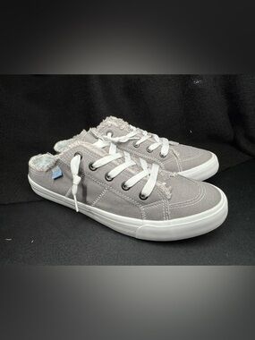 Obtaom Gray Canvas Slip On Sneakers Distressed Raw Hem Mule Style Womens 10